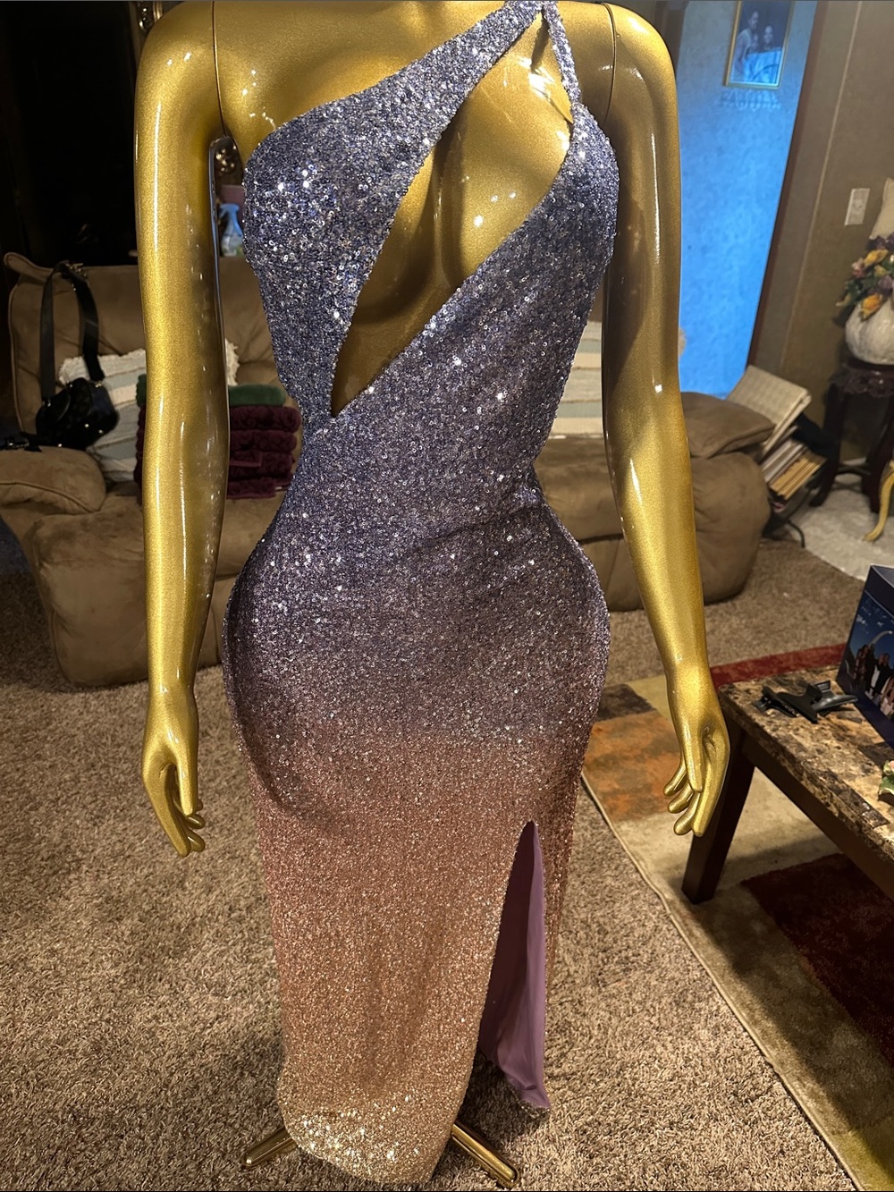 One-Shoulder Ombre Sequin Bodycon Dress - Lavender to Rose